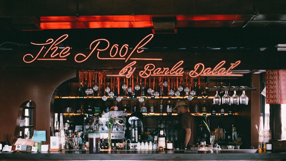 Nightclub interior with neon lights