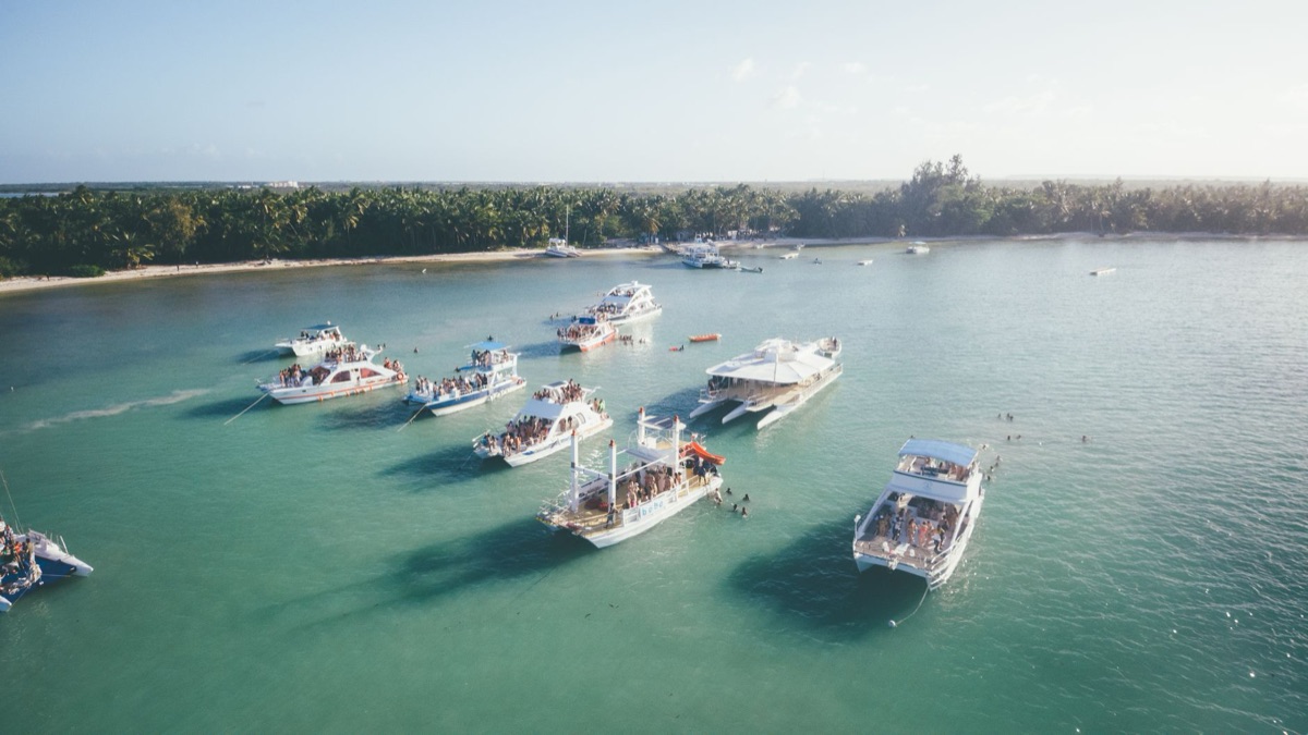 Cruise terminal with boats and palm trees