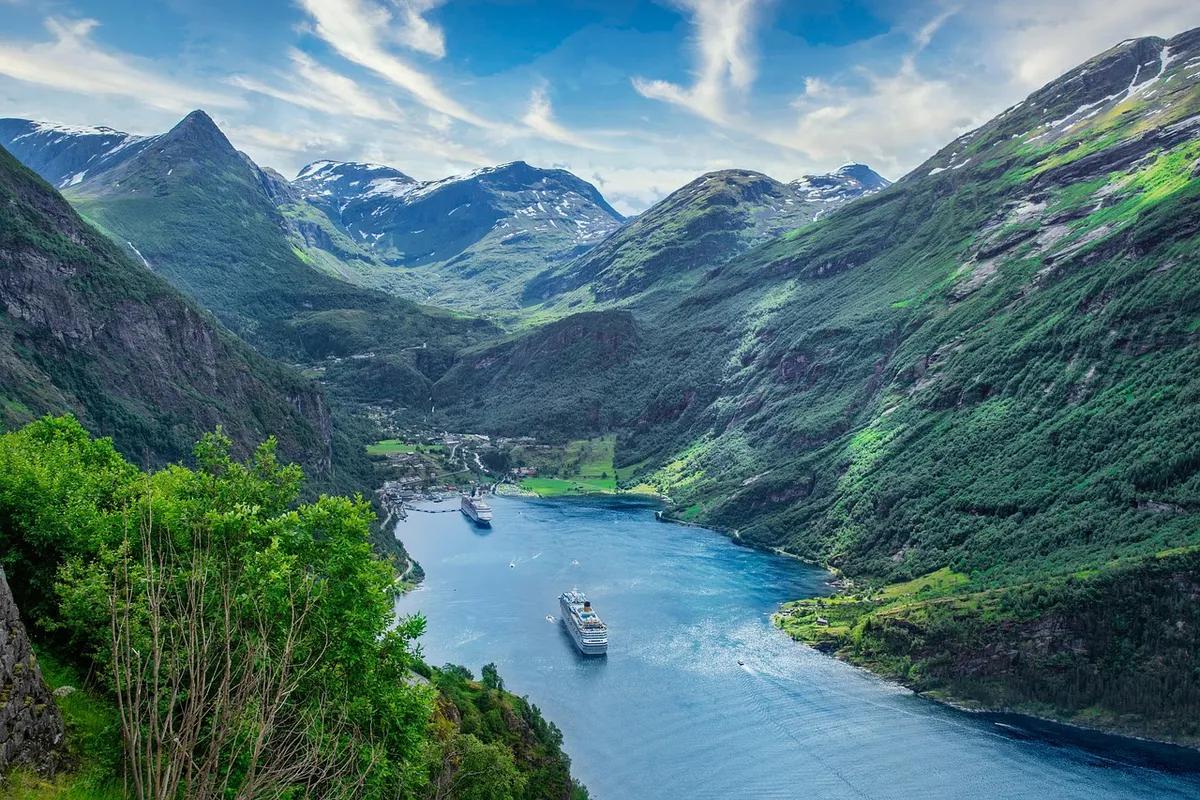 ships, sea, mountains, fjord, inlet, water, nature, port, boats, cruise, travel, mountain range