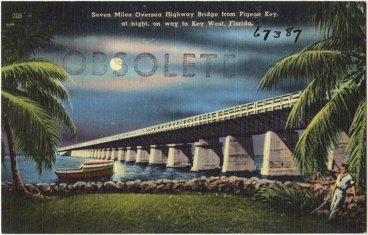 Seven Miles Oversea Highway Bridge from Pigeon Key, at night, on way to Key West, Florida, bridges, florida, postcards, tichnorbrothers, architecture, beach, ou