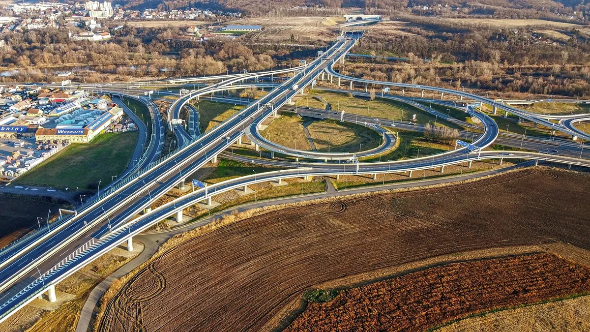 highway, traffic hub, junction, road, way, expressway, travel, node, crossroads, transport, modern, countryside, drone shot, bird's eye view, junction, crossroa