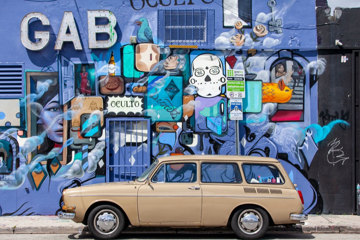Close-up of detailed Wynwood mural showcasing local Miami culture and color palette